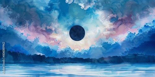 Blue and purple abstract watercolor painting of a solar eclipse over a lake