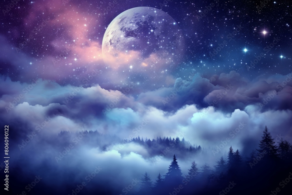 Fantasy landscape with full moon and clouds
