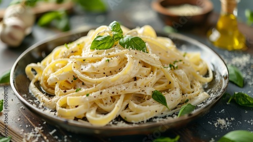 Shallow depth of field close up photography of a plate of Fettuccine Alfredo on a wooden table 