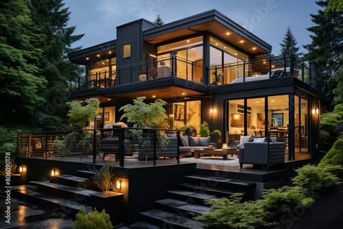 Black house with large glass windows surrounded by trees © Adobe Contributor