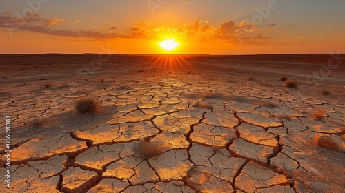 Arid desert landscape with setting sun