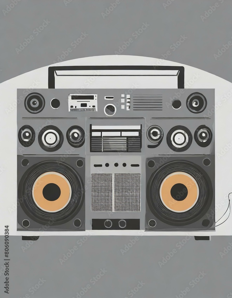 A retro boombox with large speakers and a central cassette deck in a minimalist style