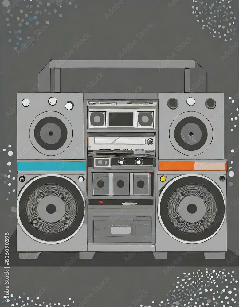 Fototapeta premium A retro boombox with large speakers and a central cassette deck in a minimalist style