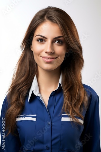 Portrait of a young woman with long brown hair wearing a blue shirt