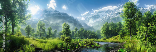 Mountain River in Summer, Lush Greenery and Flowing Water, Refreshing Natural Scenery