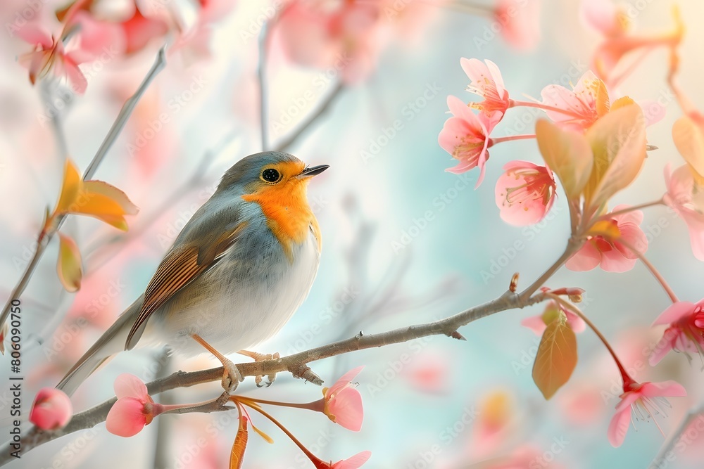 Charming Bird Perched on Blooming Spring Branch in Pastel Garden Landscape Charming Bird Perched on Blooming Spring Branch in Pastel Garden Landscape