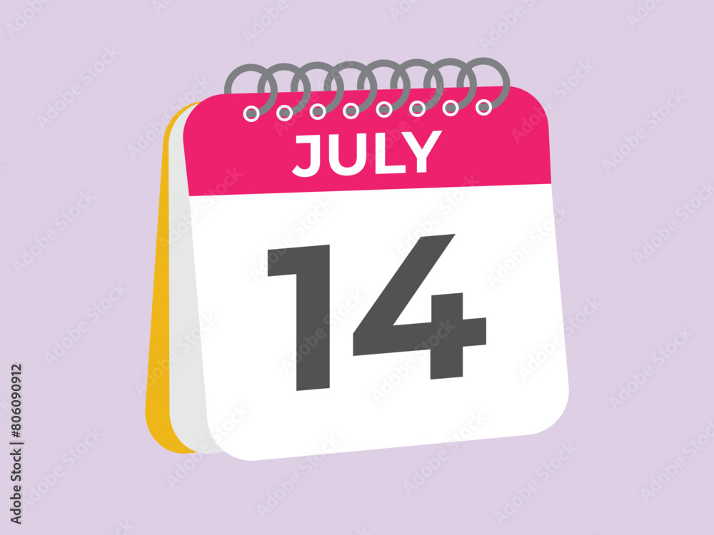 July 14 calendar reminder. 14 July daily calendar icon template. Calendar 14 July icon Design template. Vector illustration
July 14 calendar reminder. 14 July daily calendar icon template. Calendar 14 July icon Design template. Vector illustration
