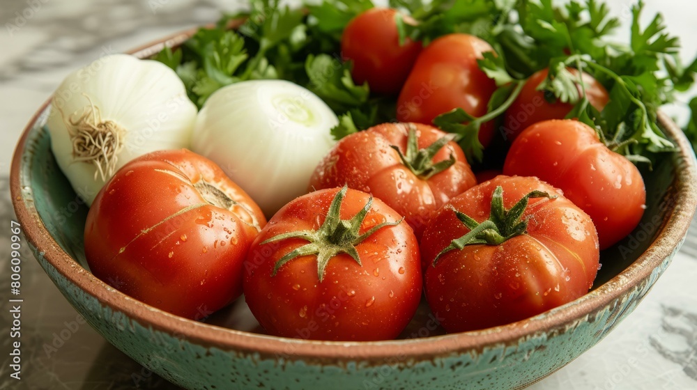 Still life of tomatoes and onions with parsley Still life of tomatoes and onions with parsley