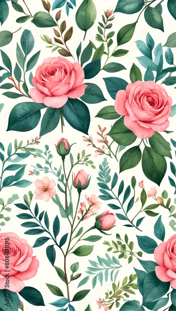 Beautiful seamless vector floral pattern, spring summer background with tropical flowers, palm leaves, jungle leaf, rose, bird of paradise flower. Exotic wallpaper, Hawaiian style, watercolour style Beautiful seamless vector floral pattern, spring summer background with tropical flowers, palm leaves, jungle leaf, rose, bird of paradise flower. Exotic wallpaper, Hawaiian style, watercolour style