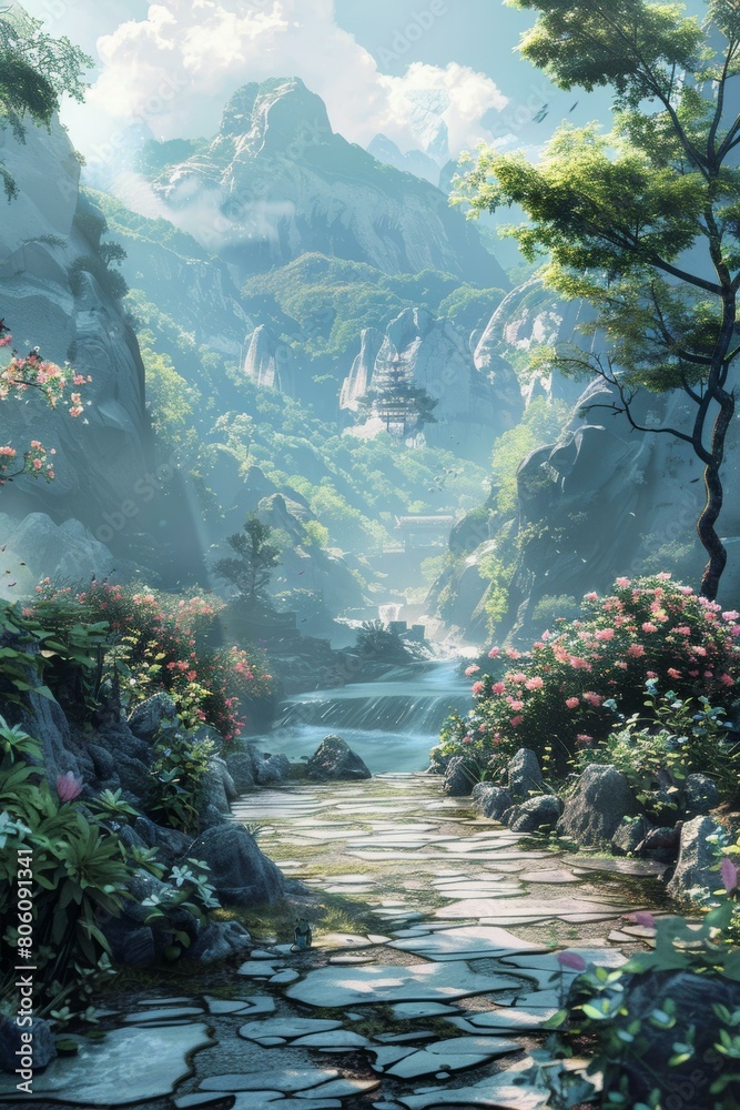 fantasy landscape with mountains and a river fantasy landscape with mountains and a river