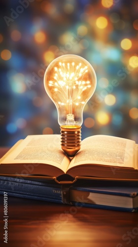 Light bulb on a book with glowing ideas