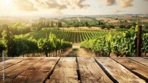 Wooden table top with copy space. Vineyards background hyper realistic 