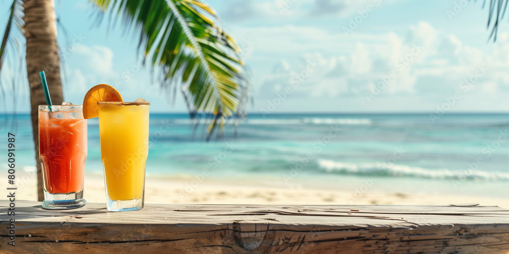 refreshing tropical drinks standing in a raw on a wooden wide table at the sandy beach with palms on the background for minimalistic summer idea banner