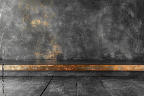 Black and gold background with wooden shelf