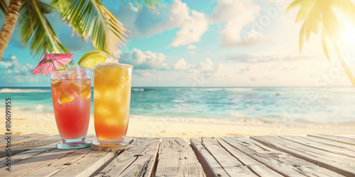 refreshing tropical drinks standing in a raw on a wooden wide table at the sandy beach with palms on the background for minimalistic summer idea banner