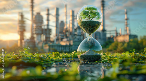 Visual metaphor of climate change sand hourglass with the top filled with industrial landscapes and the bottom pristine nature have copy space for text