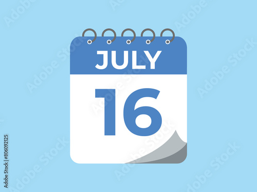 July 16 calendar reminder. 16 July daily calendar icon template. Calendar 16 July icon Design template. Vector illustration

