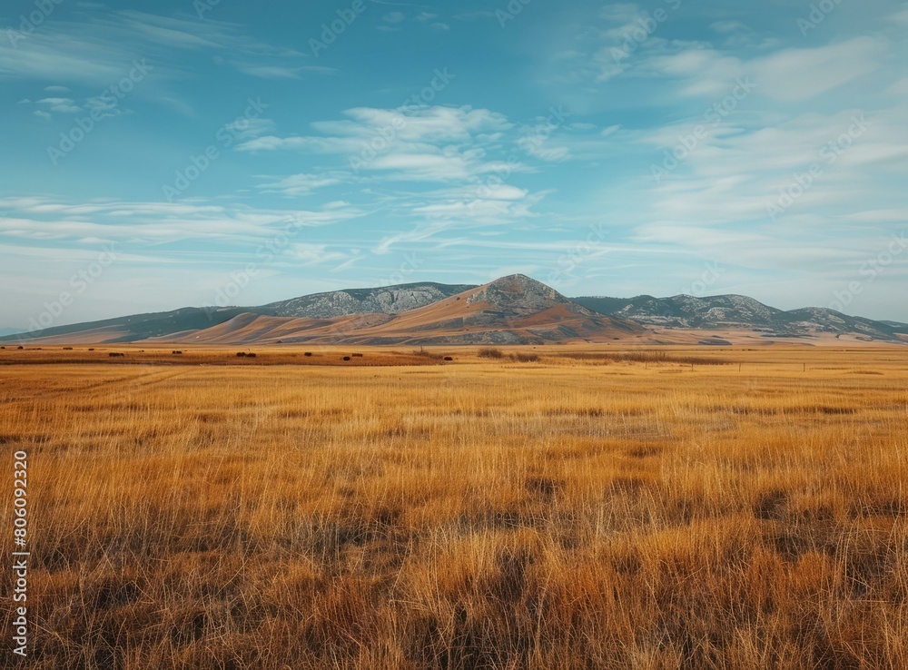 Vast Grassland Landscape with Rocky Mountains in the Distance