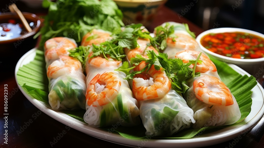 Fresh and delicious Vietnamese spring rolls with shrimp, vegetables, and rice noodles served with a dipping sauce Fresh and delicious Vietnamese spring rolls with shrimp, vegetables, and rice noodles served with a dipping sauce
