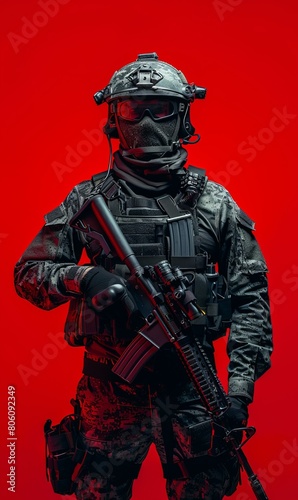 Special forces soldier in black uniform and mask holding a gun