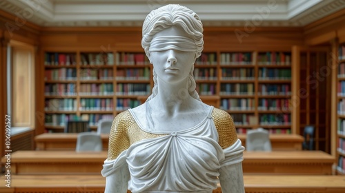 Statue of Justitia, the Roman goddess of justice, in a library