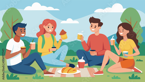 A group of friends taking a break from the action to enjoy a healthy snack and chat at the picnic area.. Vector illustration