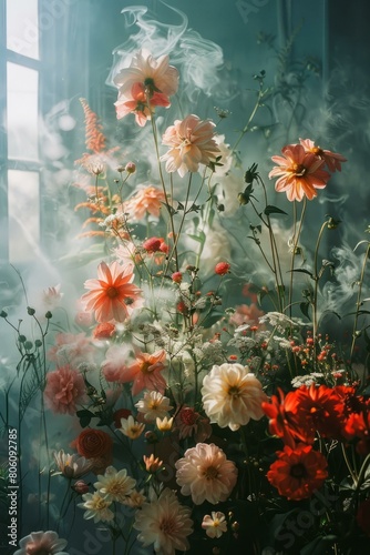 A beautiful bouquet of flowers in a vase with smoke around it