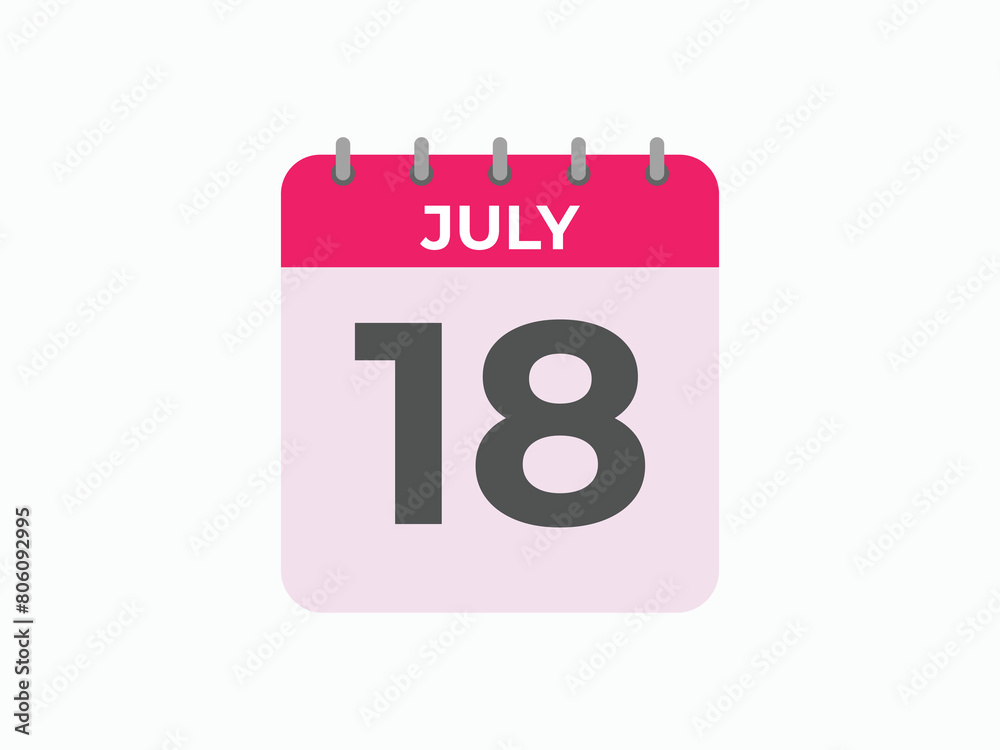 July 18 calendar reminder. 18 July daily calendar icon template. Calendar 18 July icon Design template. Vector illustration
July 18 calendar reminder. 18 July daily calendar icon template. Calendar 18 July icon Design template. Vector illustration