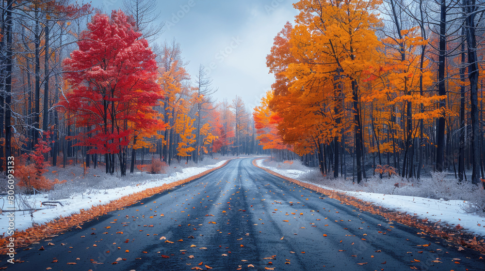 A straight road at the end of November, the first frosts, worsening weather conditions require increased attention and caution of car drivers. A straight road at the end of November, the first frosts, worsening weather conditions require increased attention and caution of car drivers.