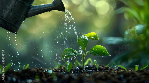 Closeup watering can pouring water on green plant. Agriculture and gardening, planting, seeding growing concept. Beautiful drops of liquid on leaf. Natural background. Freshness growth tree. --ar 16:9