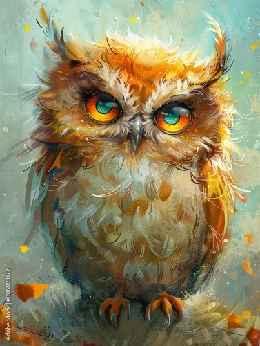 A chunky owl character in digital art, using rich and vibrant colors to enhance its lovable, bulky appearance