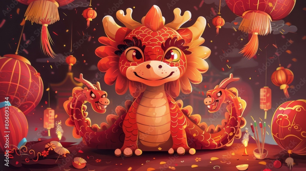 A cute cartoon dragon with two heads sits on a table covered with red cloth A cute cartoon dragon with two heads sits on a table covered with red cloth