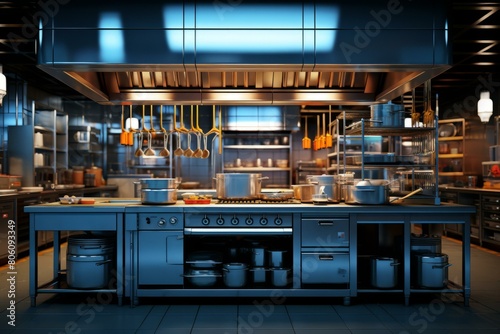 A commercial kitchen with stainless steel appliances and a large range