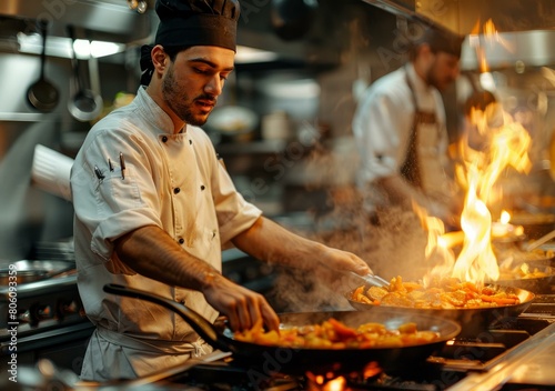 Stir-frying vegetables over a flaming hot wok