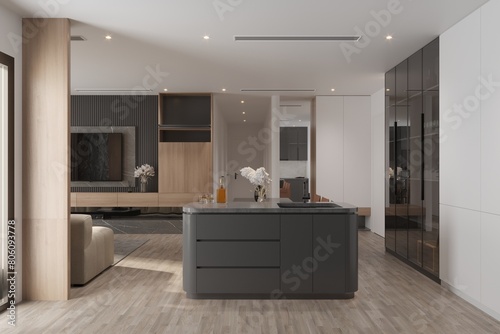 Beautiful Kitchen Interior and Stylish Furniture with gray island