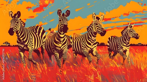 Zebras gallivanting across a vibrant African savanna at dusk