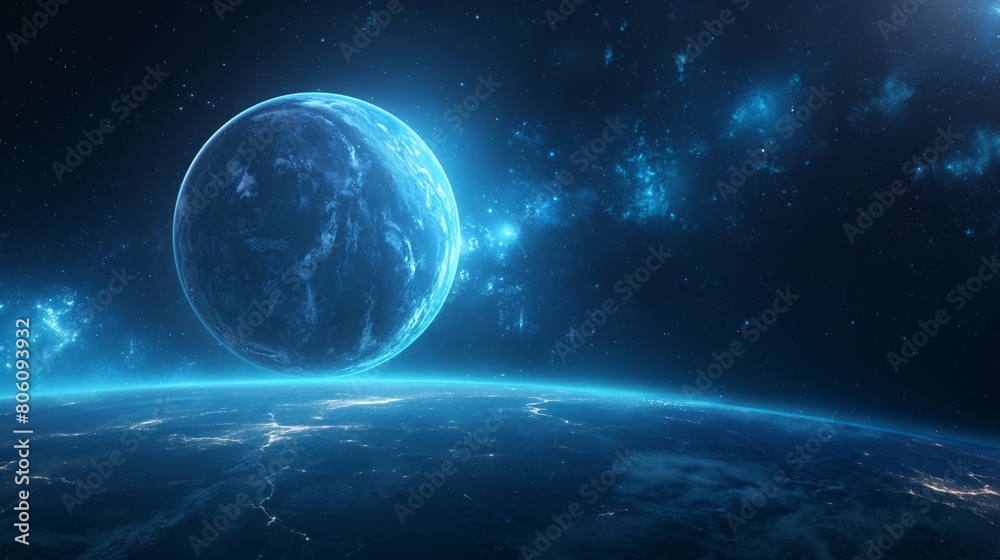 Fototapeta premium Abstract sci-fi collage. Approaching the earth of another planet. Twisted galaxy. Scientific experiment with teleportation to another world.