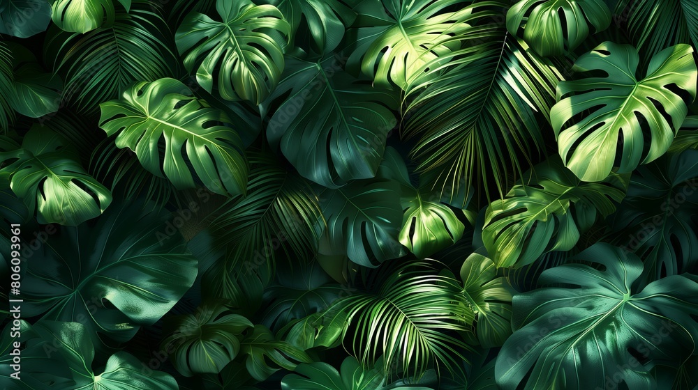 Tropical landscape. Large leaves of tropical plants. Close up. Tropical forest plants. High quality illustration. Tropical landscape. Large leaves of tropical plants. Close up. Tropical forest plants. High quality illustration.