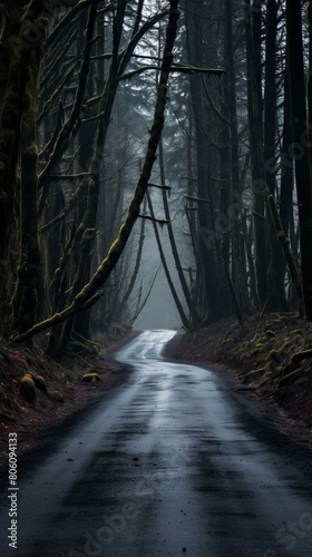 Road through a dark and mysterious forest