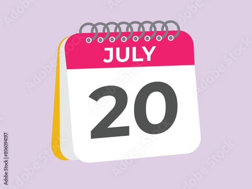 July 20 calendar reminder. 20 July daily calendar icon template. Calendar 20 July icon Design template. Vector illustration
