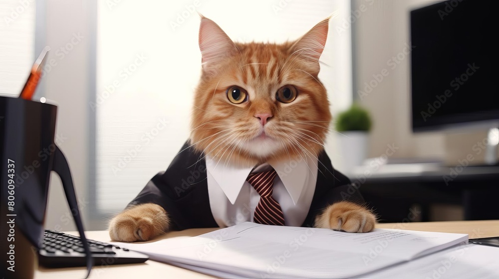 a business cat examining financial documents