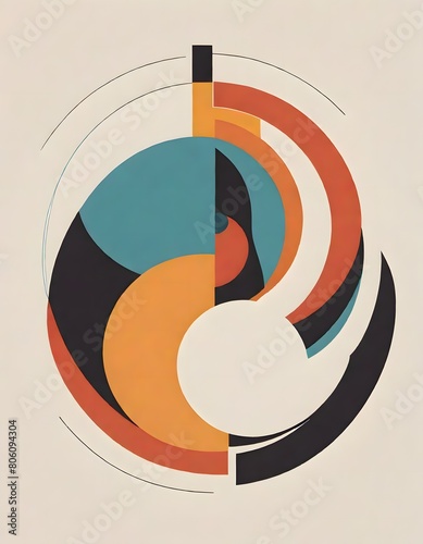 Abstract artwork featuring a complex, circular design of geometric shapes and lines, with light beige background, with colors of black, orange, teal, and shades of brown, Generative AI. (ID: 806094304)