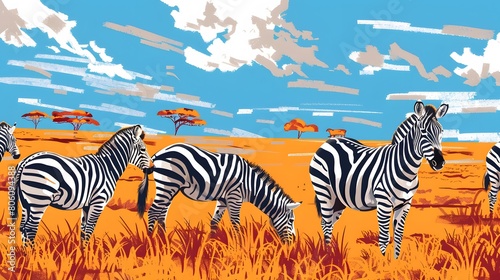 Zebras grazing peacefully on the sunlit savannah