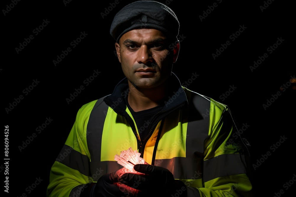 portrait of a man in a reflective vest holding a handful of glass shards portrait of a man in a reflective vest holding a handful of glass shards