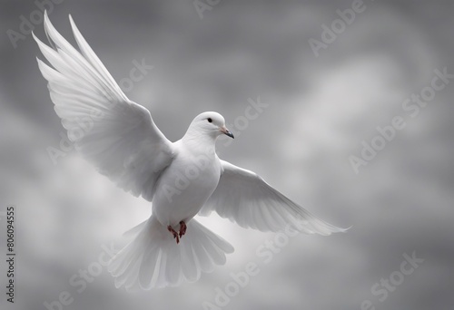 White dove mid flight, with its wings fully spread, contrasting beautifully against the cloudy sky in the background, symbolizing peace, Generative AI. (ID: 806094555)
