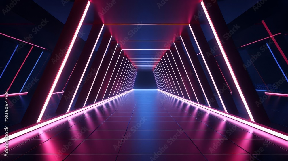 Fototapeta premium High tech corridor with angular lighting and sharp neon outlines against a dark background
