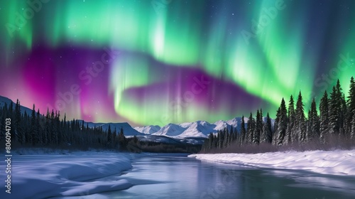 Aurora borealis over a frozen river in Alaska