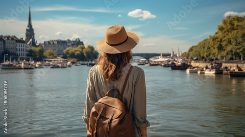 A woman standing with her back to the camera, looking out at a river in Paris photo