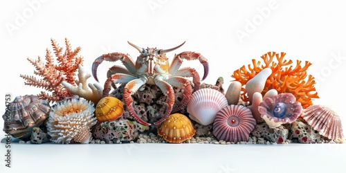 A variety of seashells, corals, and a crab displayed together photo