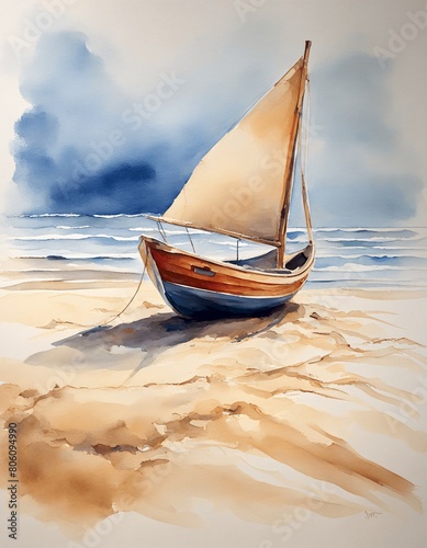 Watercolor painting of a sailboat on a beach, with a brown hull and cream colored sail, anchored on the sandy shore against a backdrop of calm sea waves and a blue sky, Generative AI. (ID: 806094990)